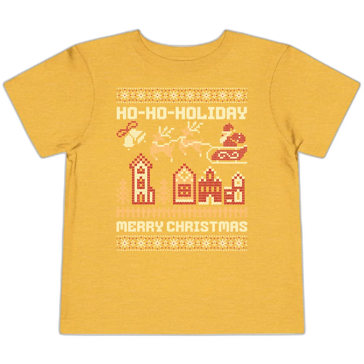 Ho Ho Holiday Ugly Christmas Sweater Toddler T-Shirt in Heather Yellow Gold