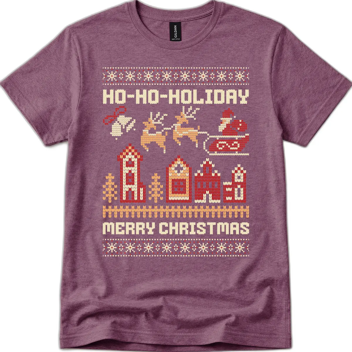 Ho Ho Holiday Ugly Christmas Sweater T-Shirt in Heather Maroon