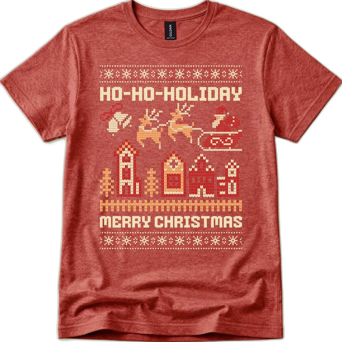 Ho Ho Holiday Ugly Christmas Sweater T-Shirt in Heather Cardinal