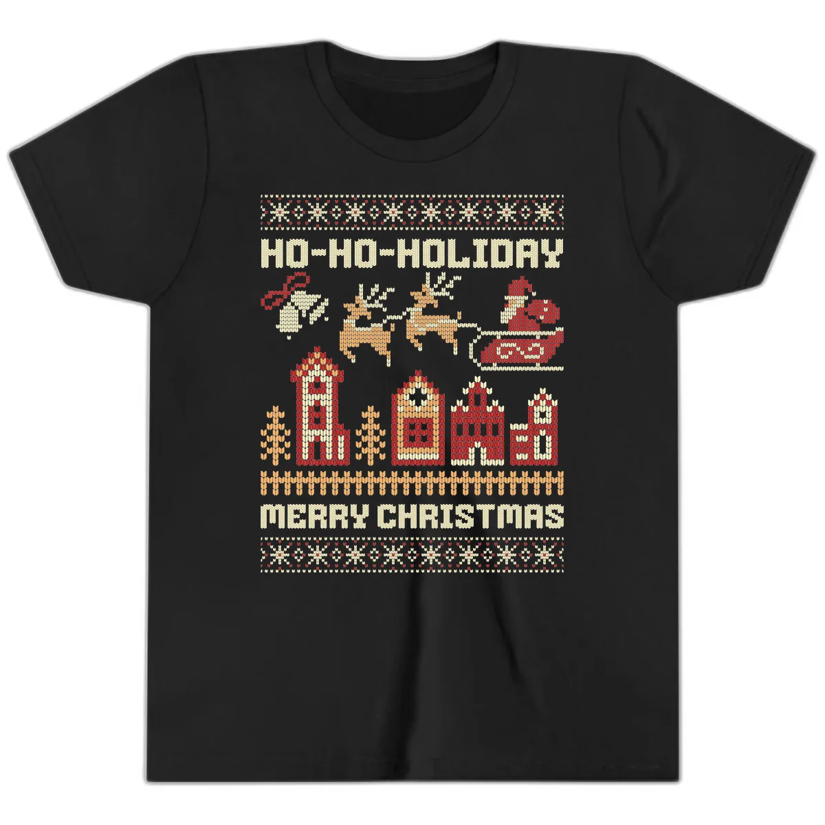 Ho Ho Holiday Ugly Christmas Sweater Youth T-Shirt in Black