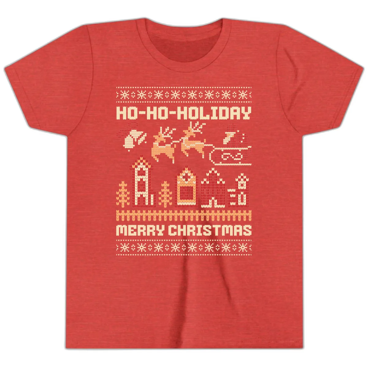Ho Ho Holiday Ugly Christmas Sweater Youth T-Shirt in Heather Red