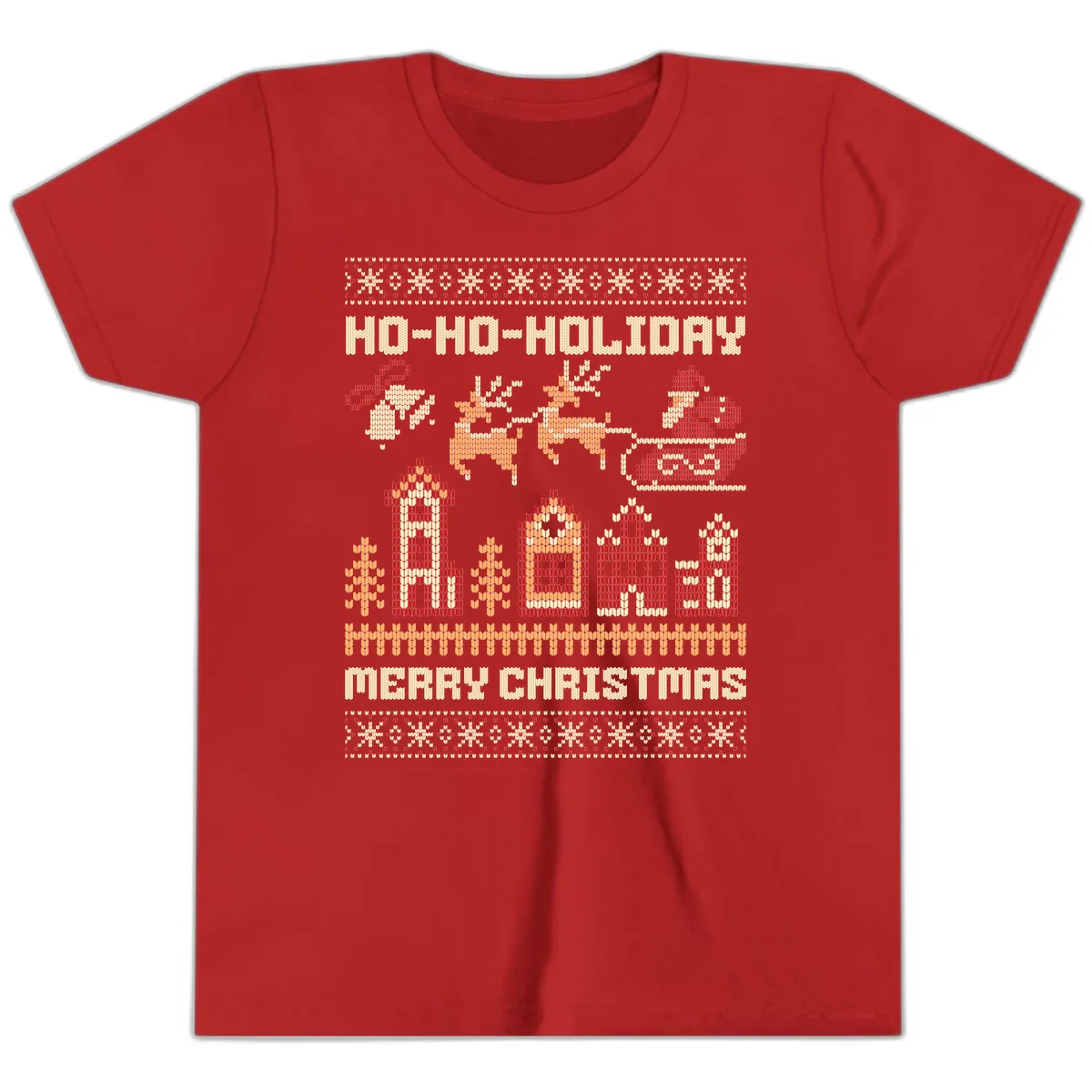 Ho Ho Holiday Ugly Christmas Sweater Youth T-Shirt in Red