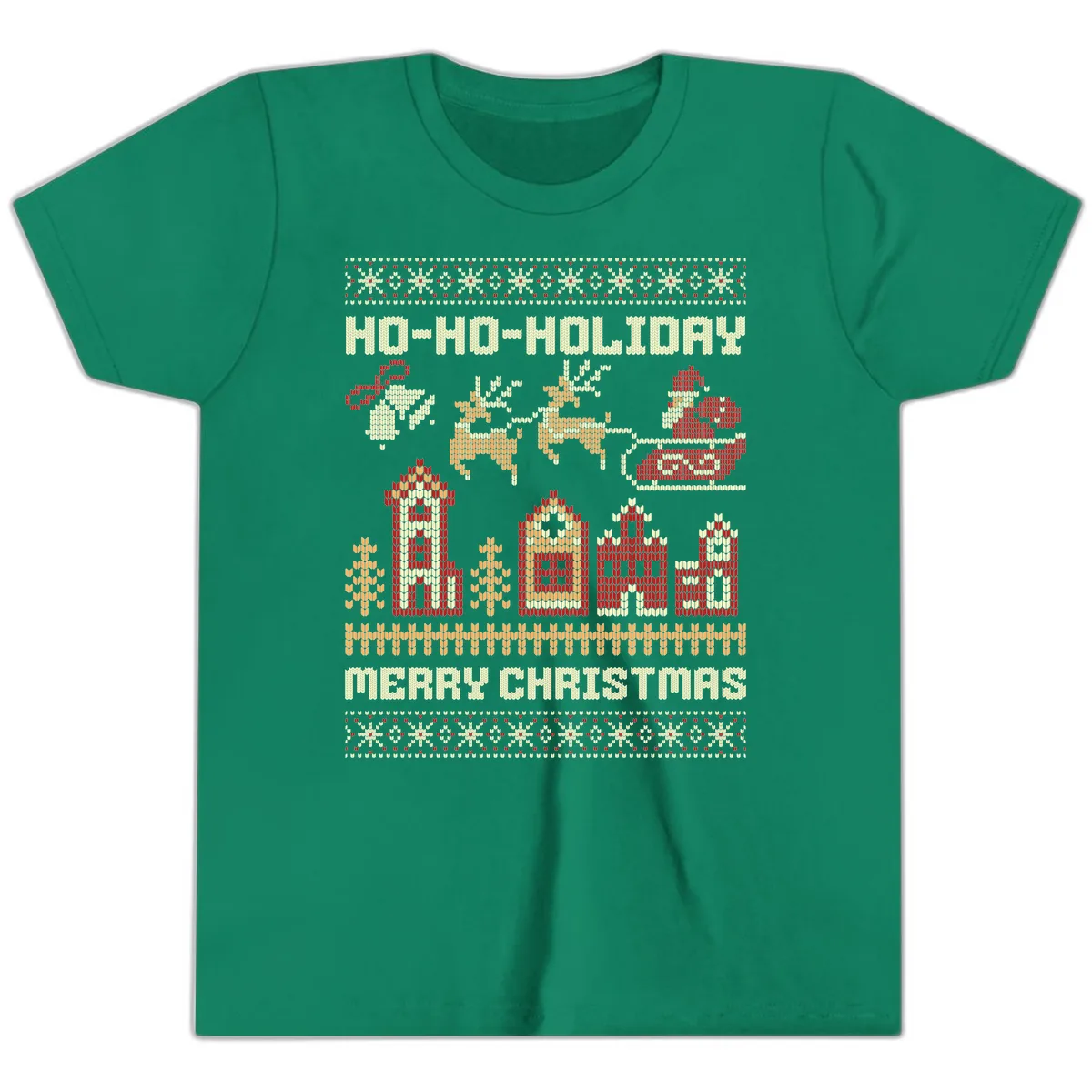 Ho Ho Holiday Ugly Christmas Sweater Youth T-Shirt in Kelly