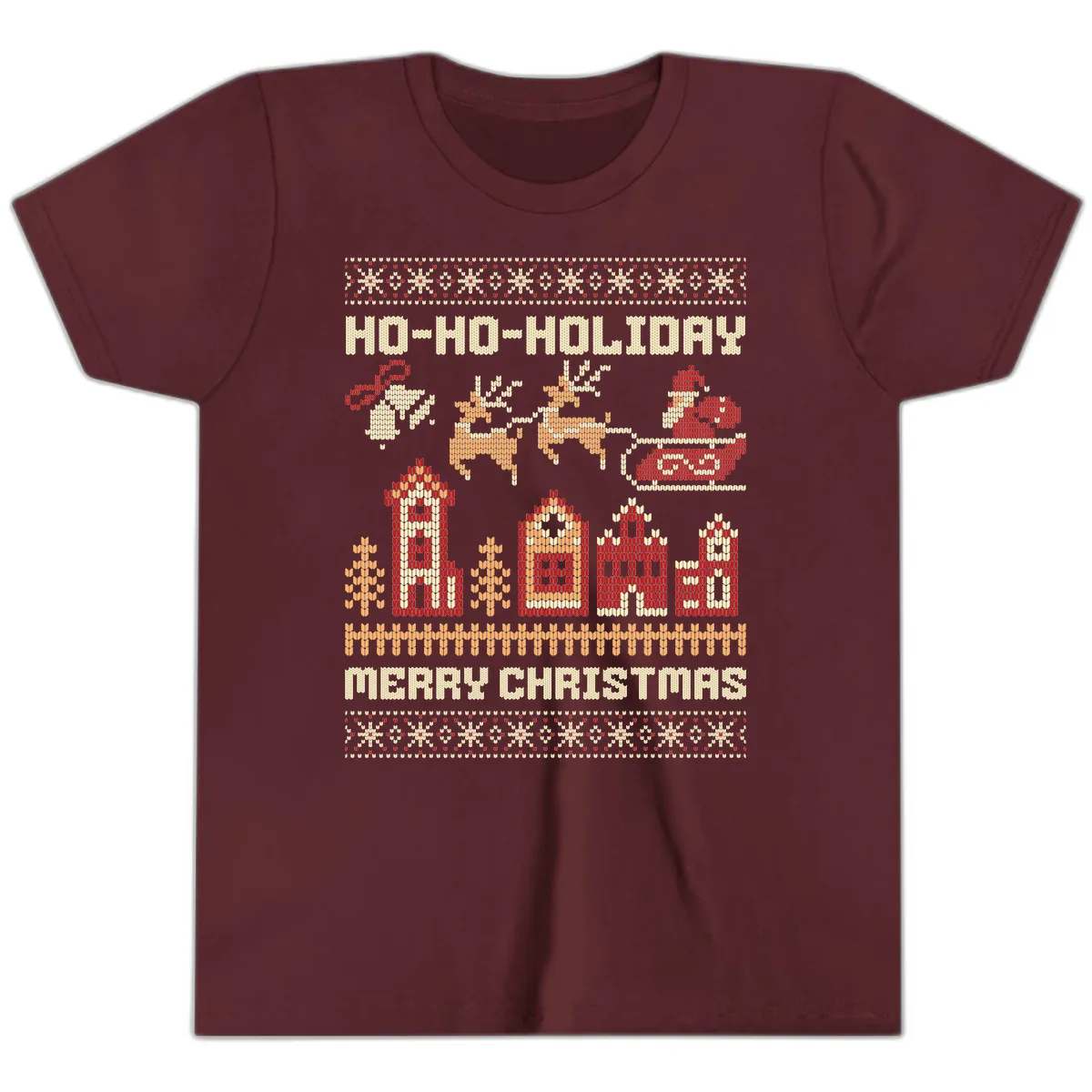 Ho Ho Holiday Ugly Christmas Sweater Youth T-Shirt in Maroon