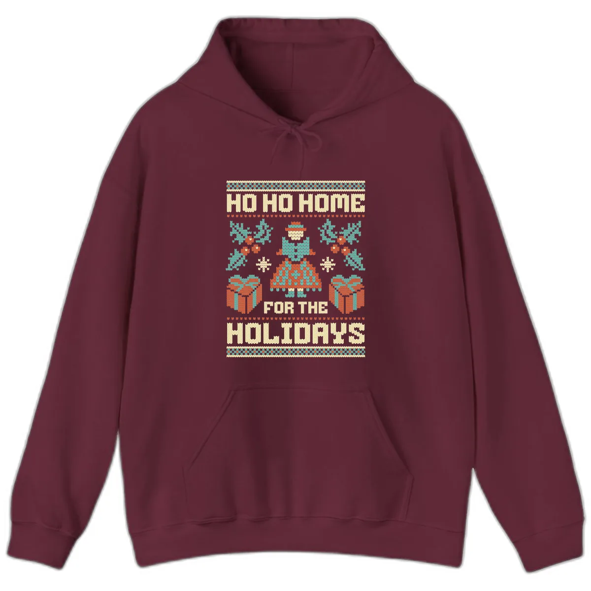 Ho Ho Home For The Holidays Ugly Sweater Hoodie in Maroon