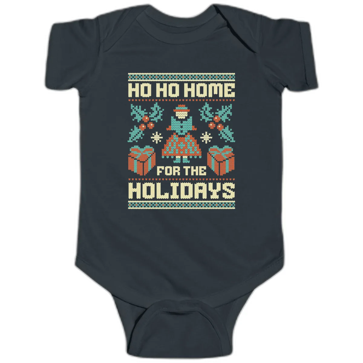Ho Ho Home For The Holidays Ugly Sweater Baby Onesie in Black