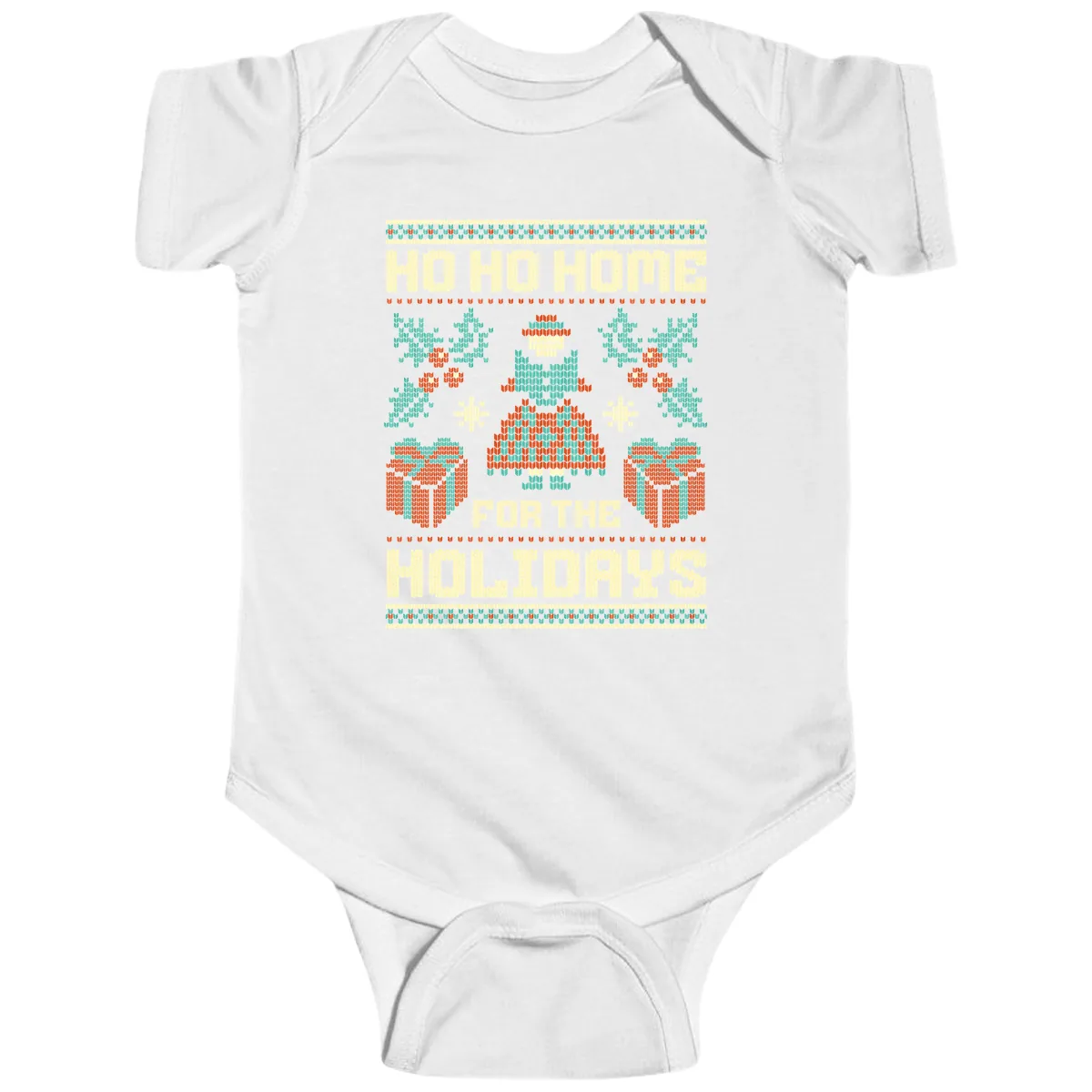Ho Ho Home For The Holidays Ugly Sweater Baby Onesie in White