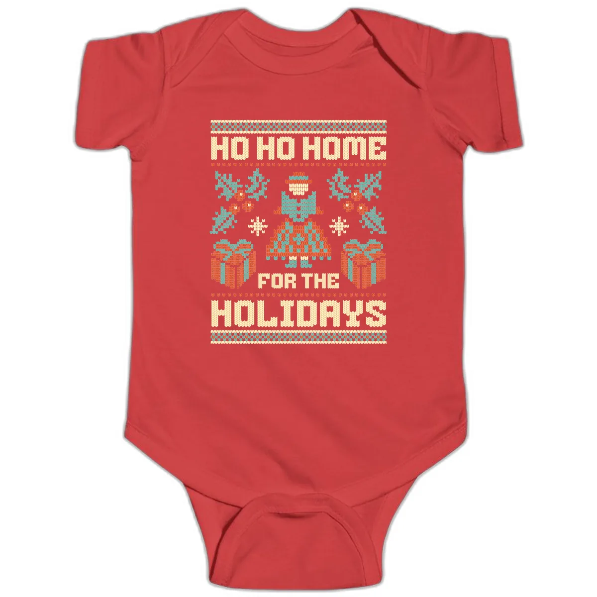 Ho Ho Home For The Holidays Ugly Sweater Baby Onesie in Red