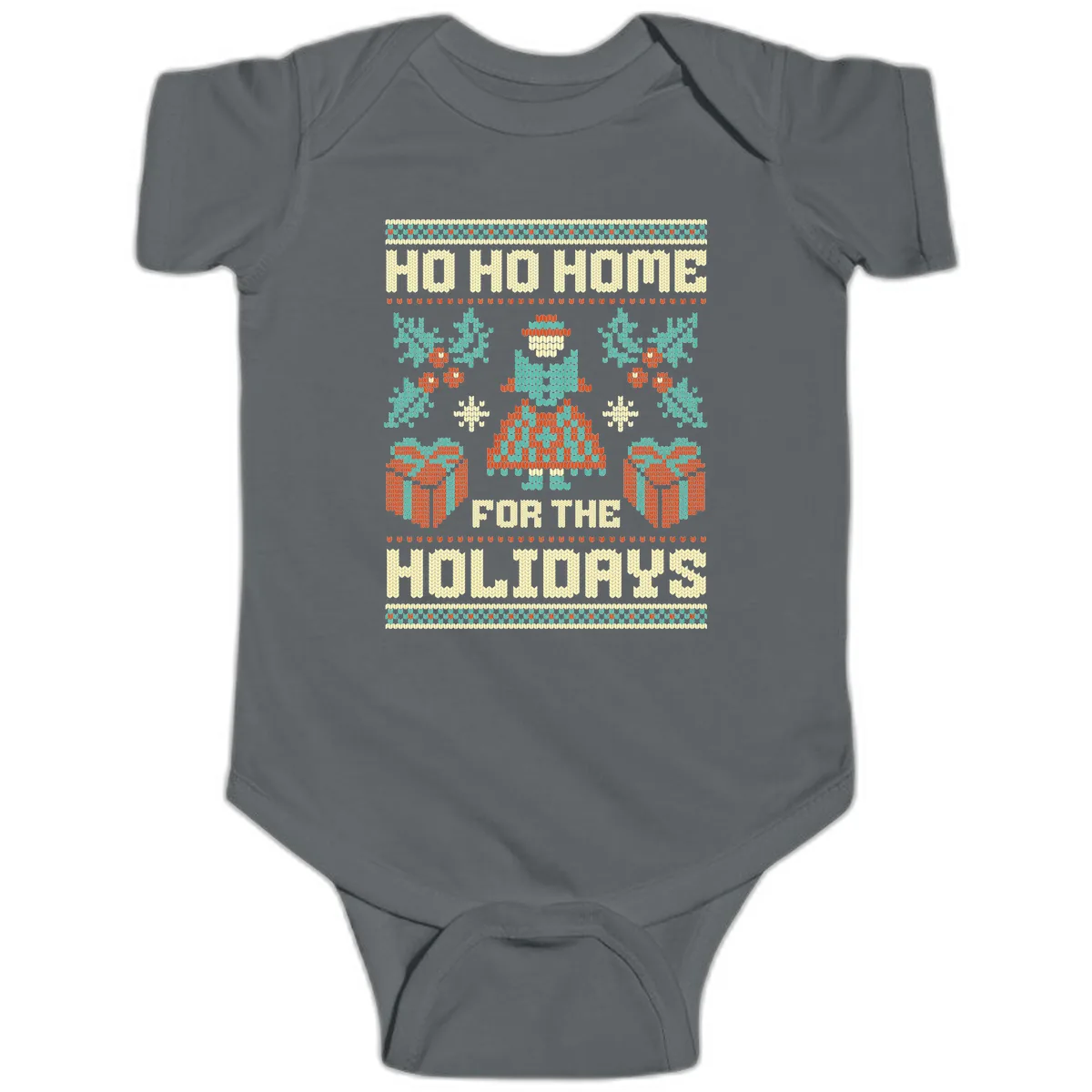 Ho Ho Home For The Holidays Ugly Sweater Baby Onesie in Charcoal