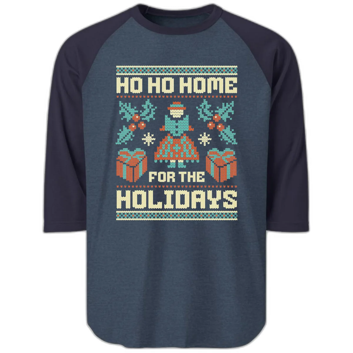 Ho Ho Home For The Holidays Ugly Sweater Raglan 3/4 in Heather Denim Navy