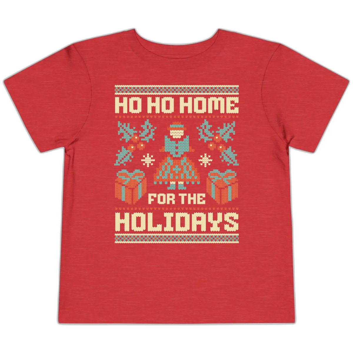 Ho Ho Home For The Holidays Ugly Sweater Toddler T-Shirt in Heather Red