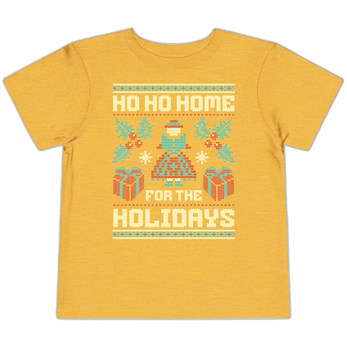 Ho Ho Home For The Holidays Ugly Sweater Toddler T-Shirt in Heather Yellow Gold