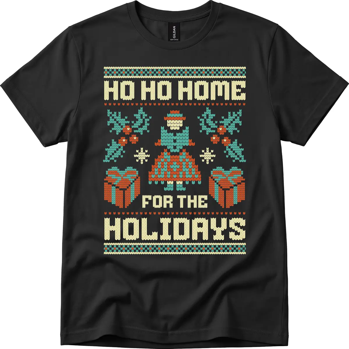 Ho Ho Home For The Holidays Ugly Sweater T-Shirt in Black