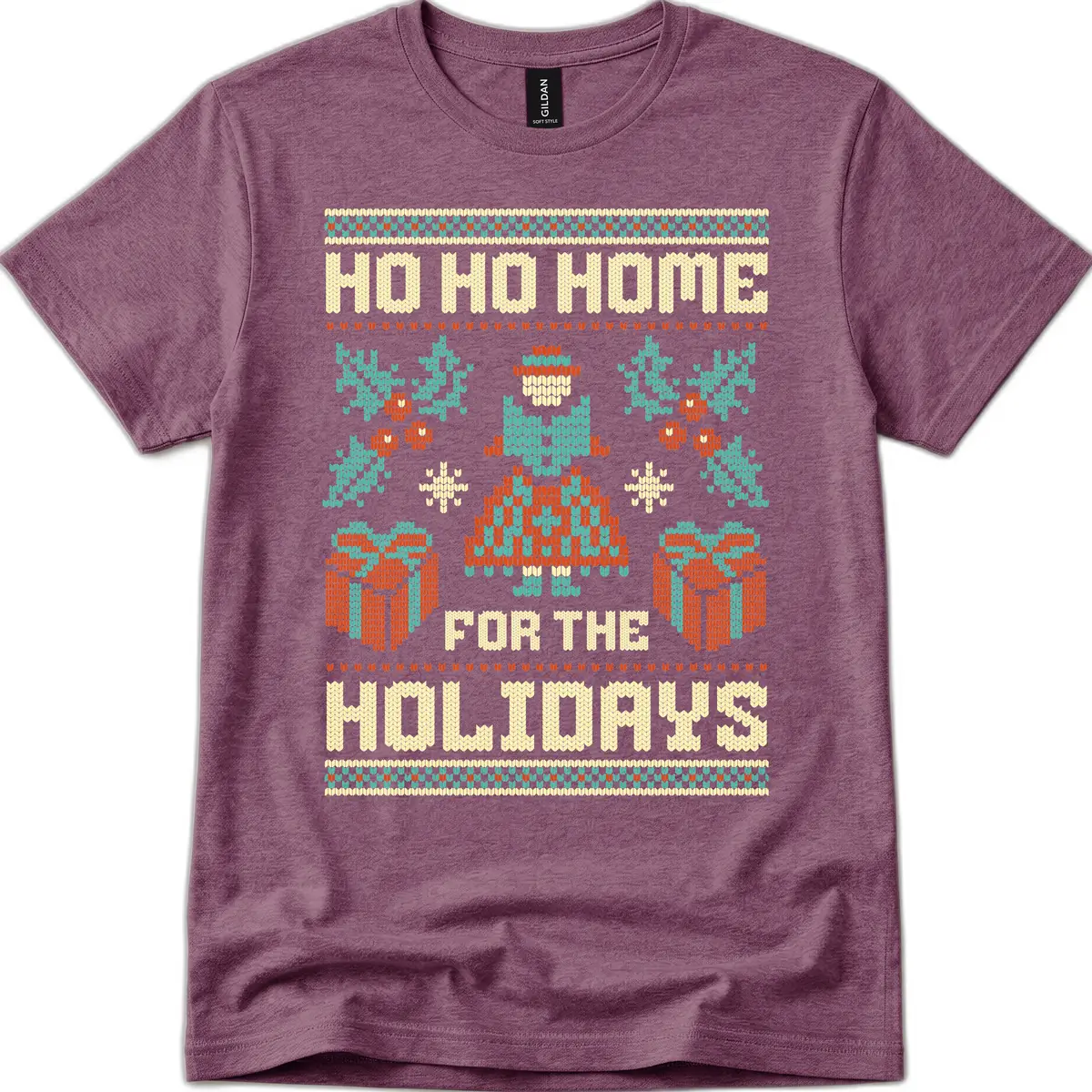 Ho Ho Home For The Holidays Ugly Sweater T-Shirt in Heather Maroon