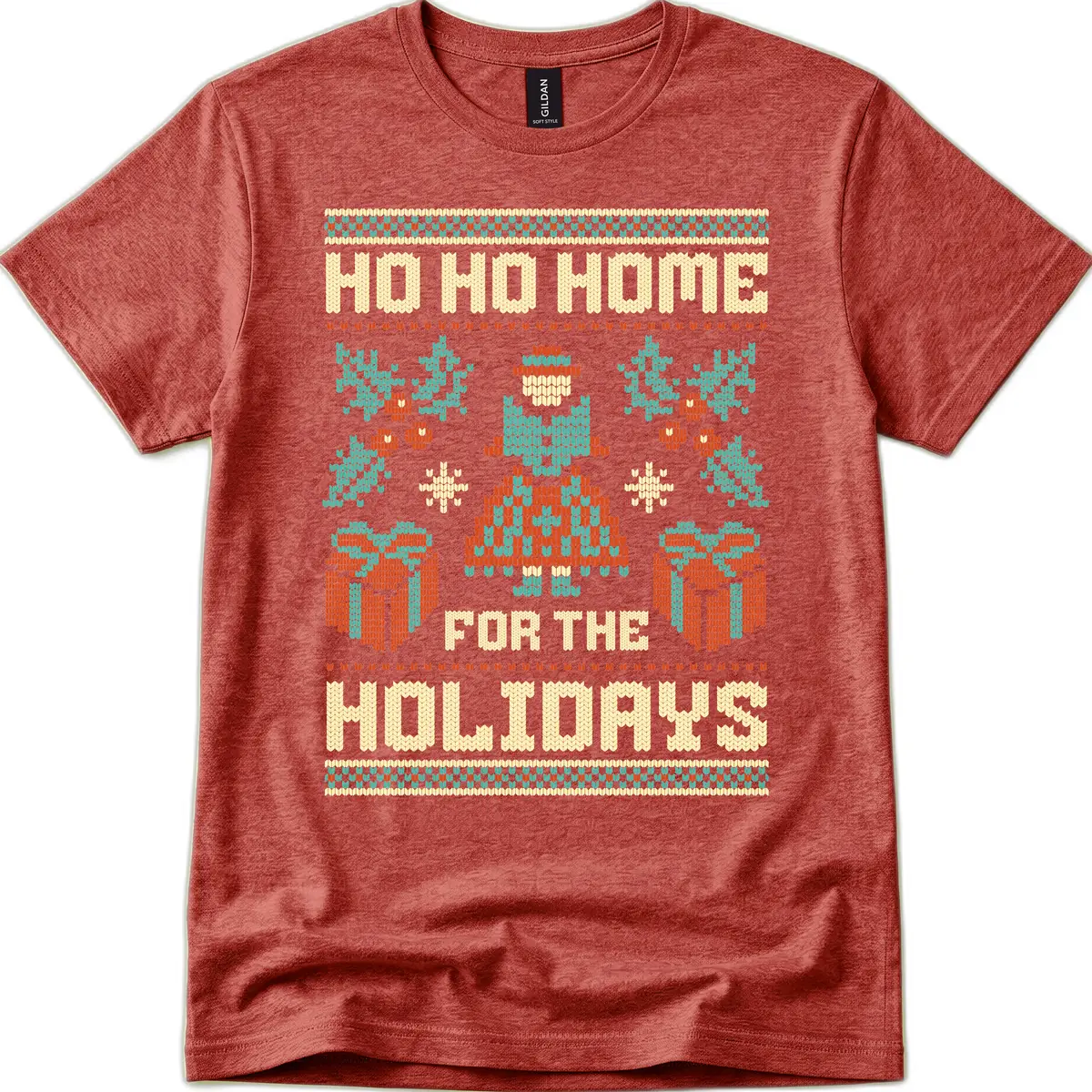 Ho Ho Home For The Holidays Ugly Sweater T-Shirt in Heather Cardinal