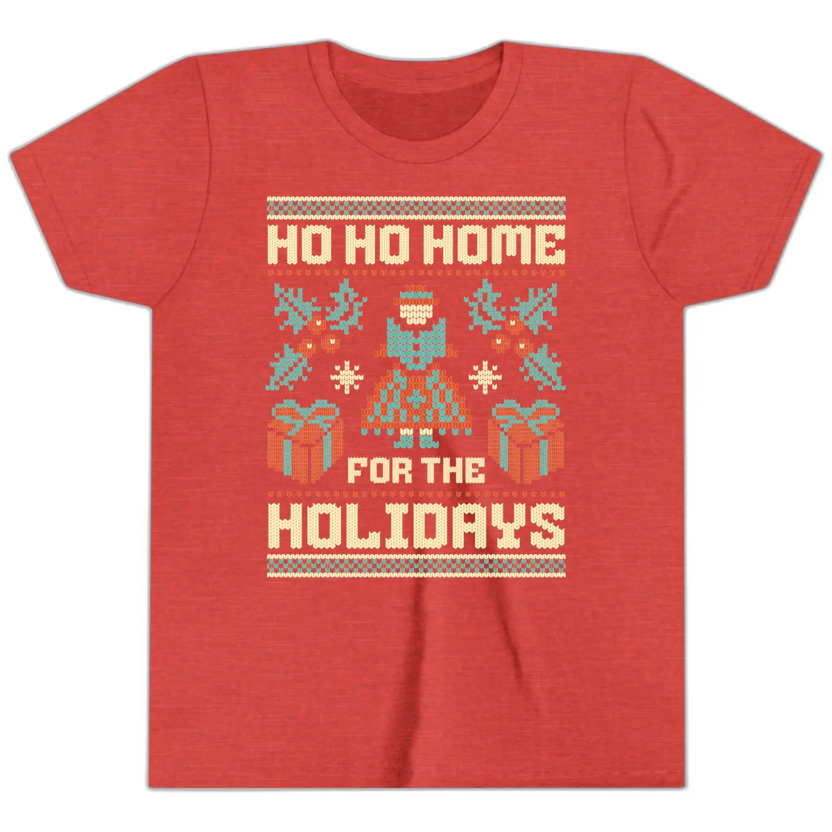 Ho Ho Home For The Holidays Ugly Sweater Youth T-Shirt in Heather Red