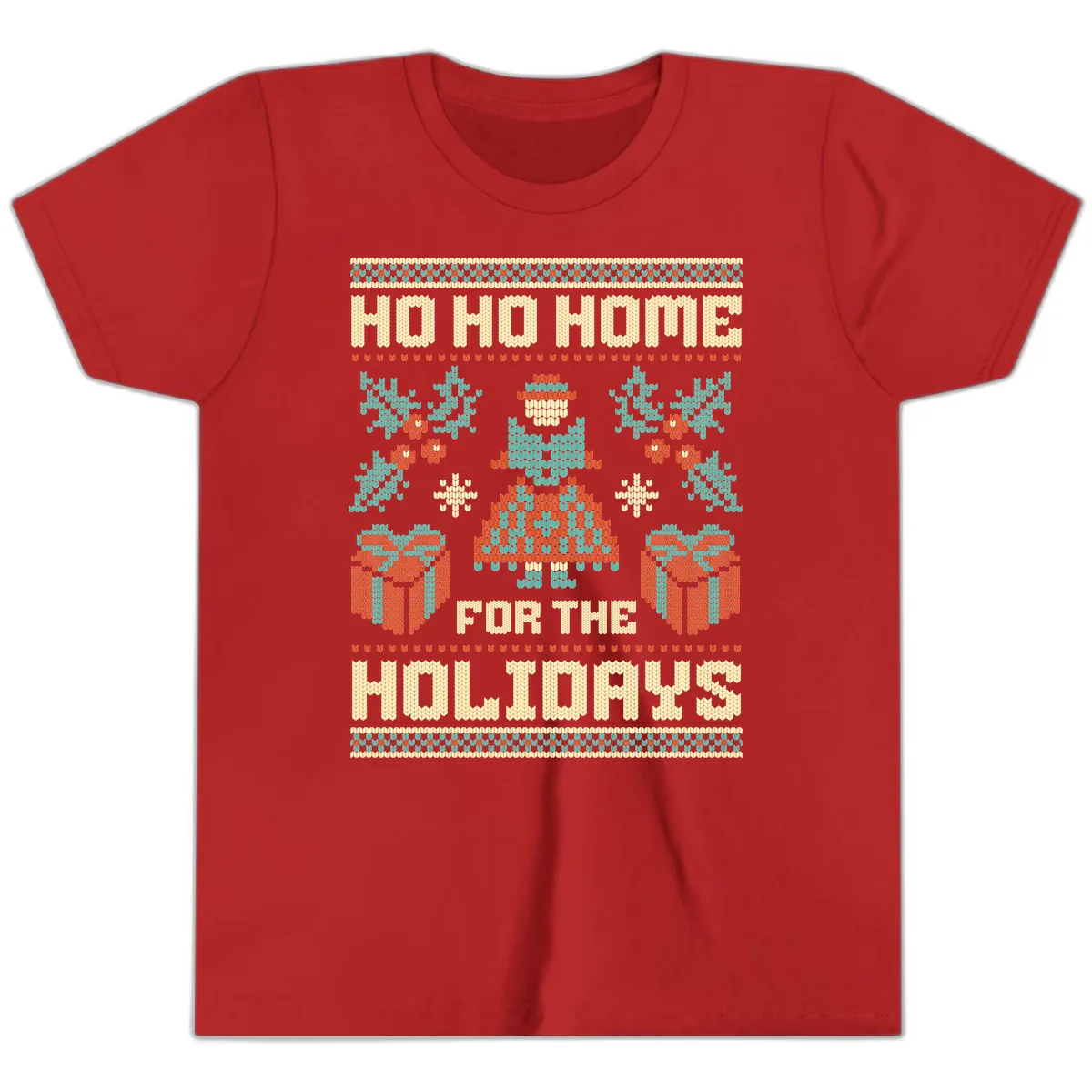 Ho Ho Home For The Holidays Ugly Sweater Youth T-Shirt in Red
