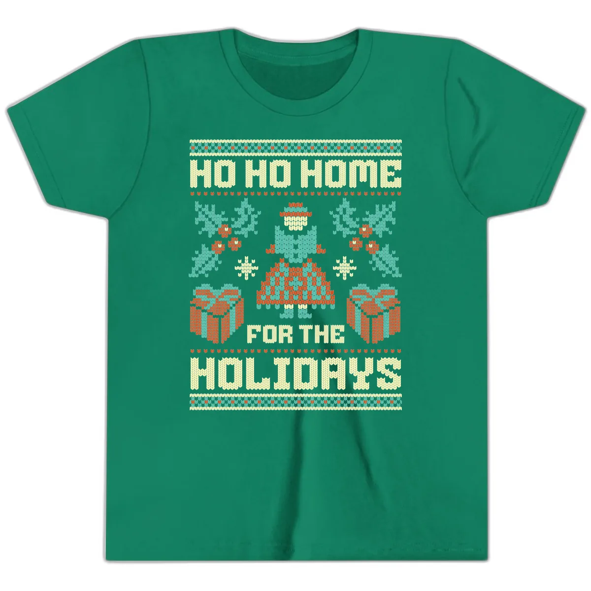 Ho Ho Home For The Holidays Ugly Sweater Youth T-Shirt in Kelly