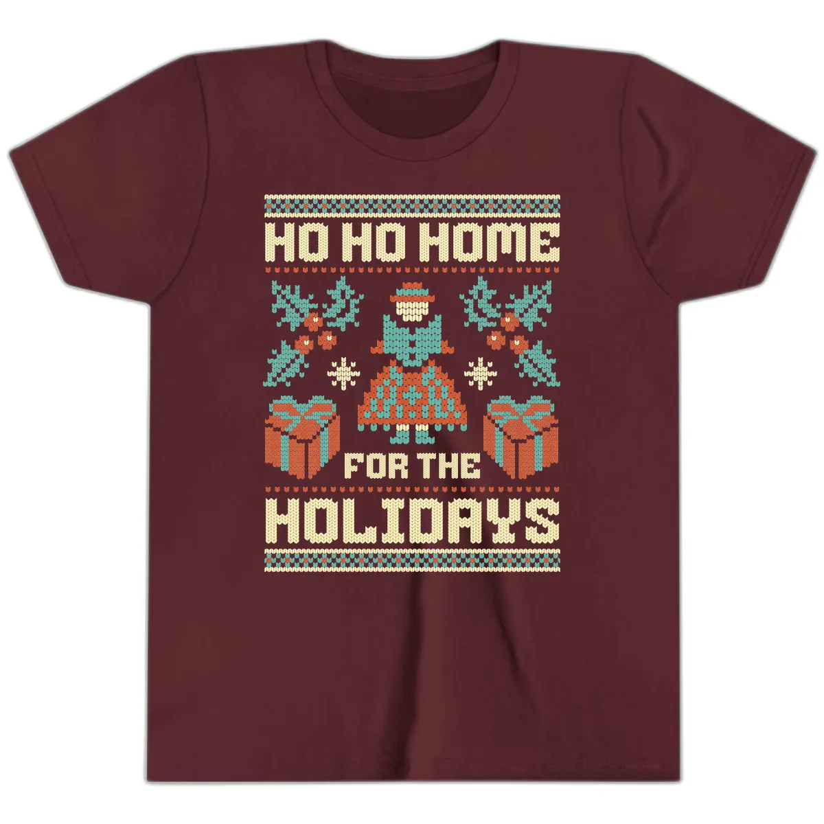 Ho Ho Home For The Holidays Ugly Sweater Youth T-Shirt in Maroon