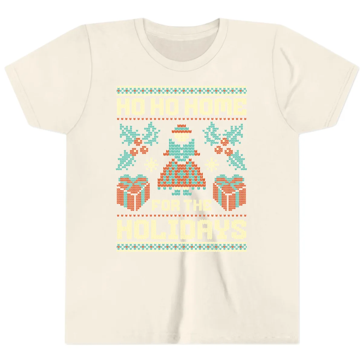 Ho Ho Home For The Holidays Ugly Sweater Youth T-Shirt in Natural
