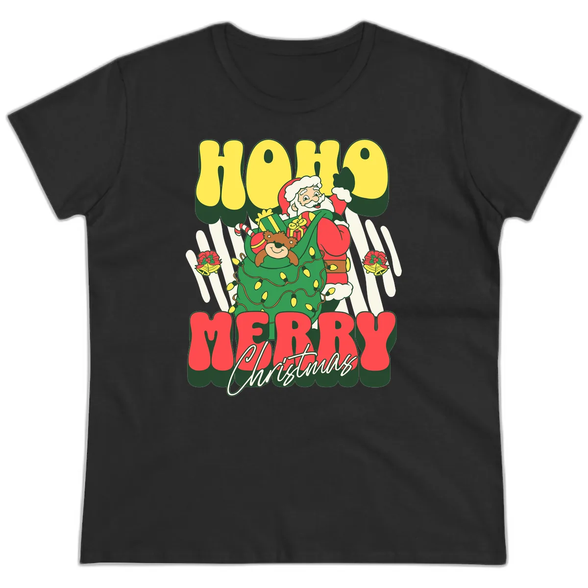 Ho Ho Merry Christmas Santa Claus Ladies Tee in Black