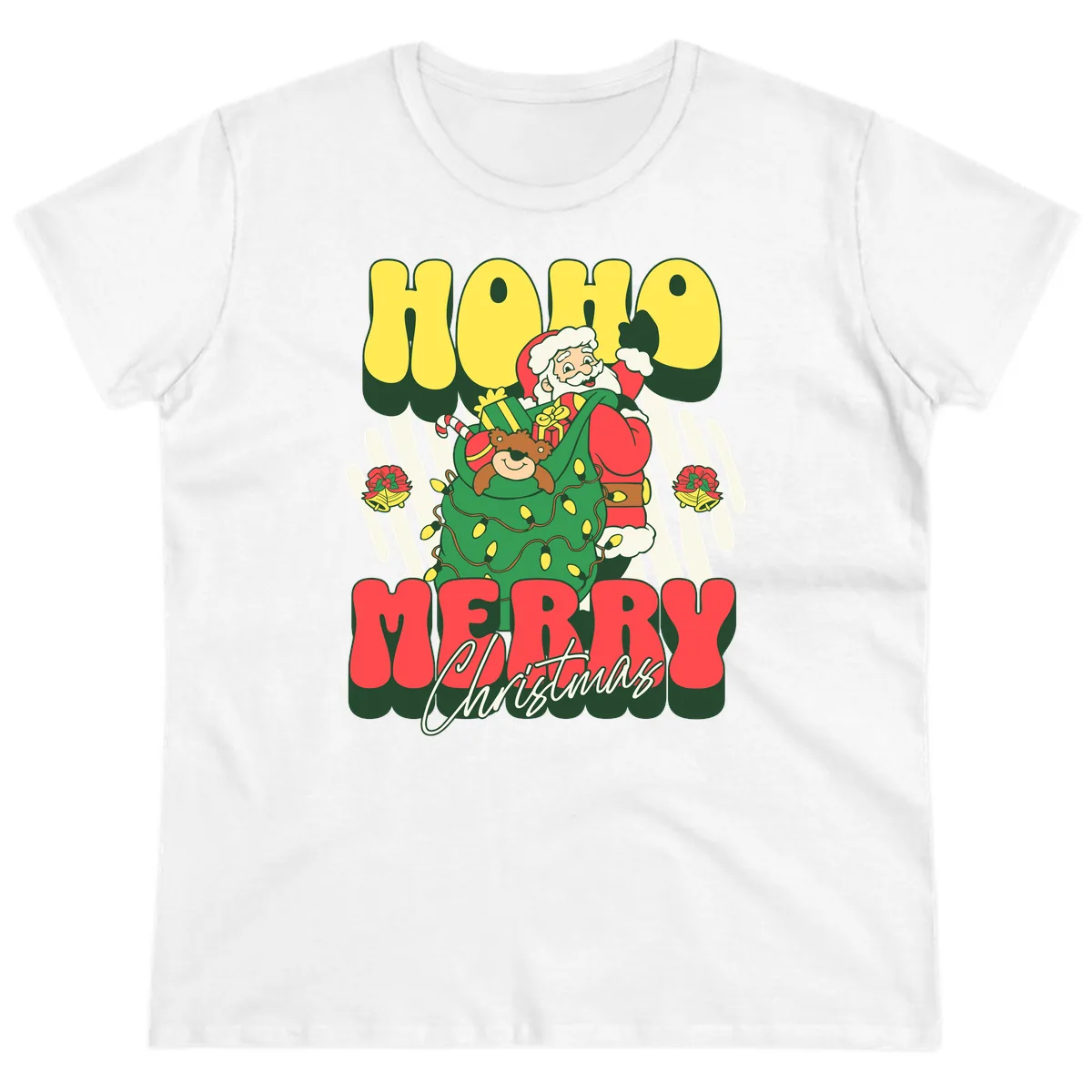 Ho Ho Merry Christmas Santa Claus Ladies Tee in White