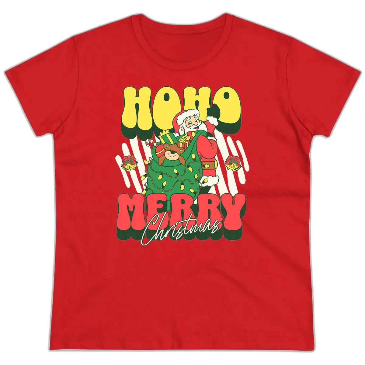 Ho Ho Merry Christmas Santa Claus Ladies Tee in Red