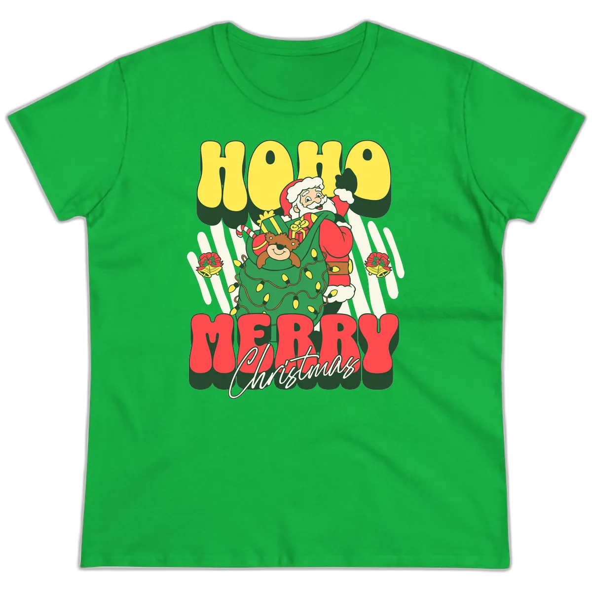Ho Ho Merry Christmas Santa Claus Ladies Tee in Irish Green