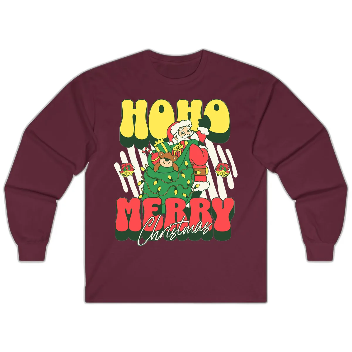 Ho Ho Merry Christmas Santa Claus Long Sleeve in Maroon