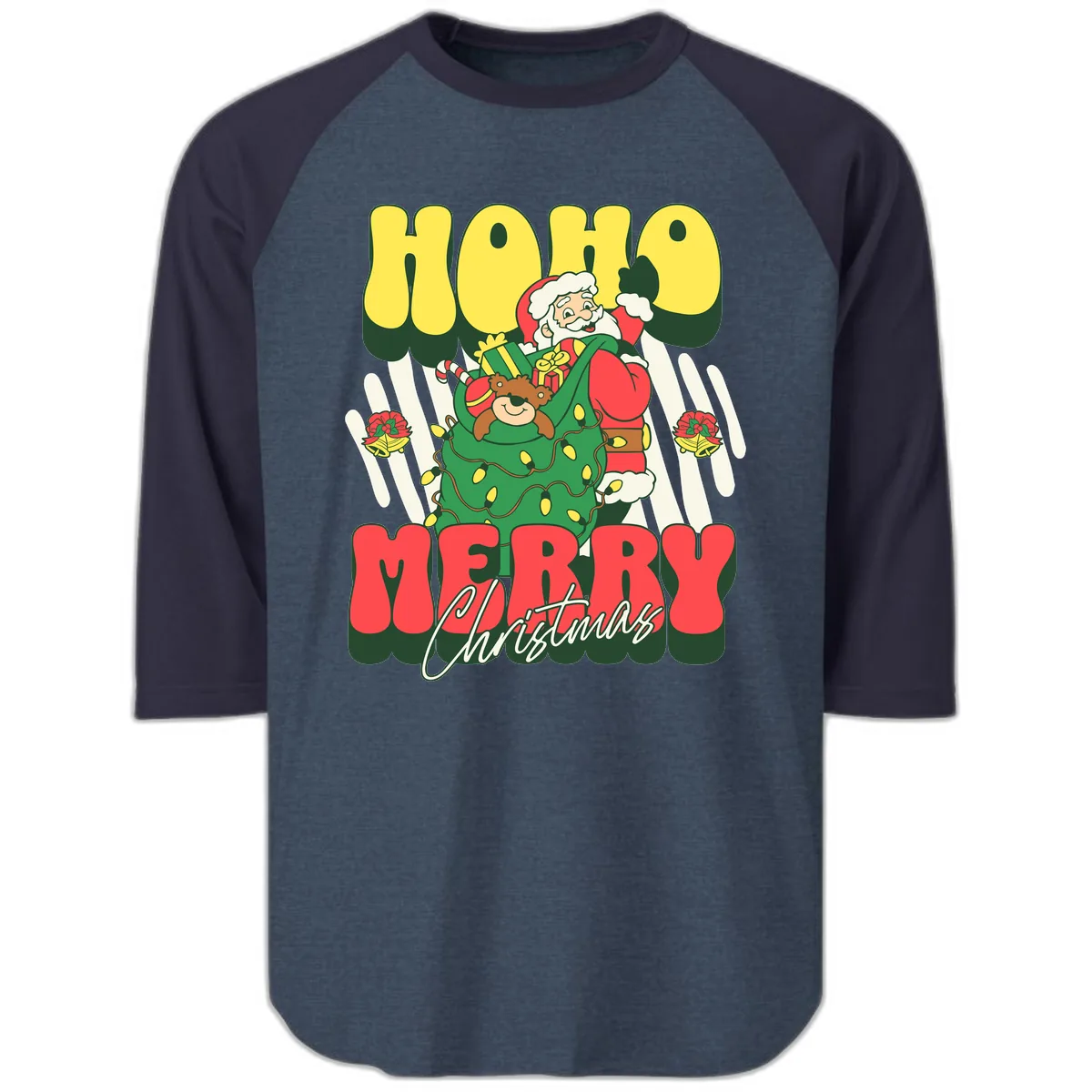 Ho Ho Merry Christmas Santa Claus Raglan 3/4 in Heather Denim Navy