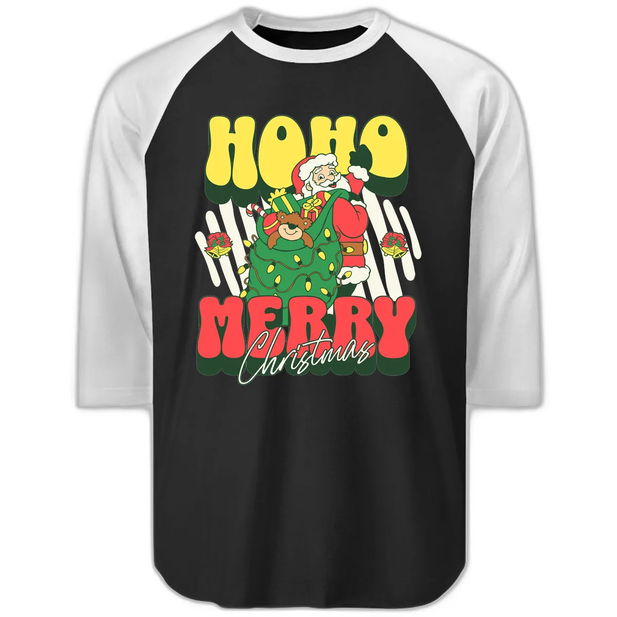 Ho Ho Merry Christmas Santa Claus Raglan 3/4 in Black White