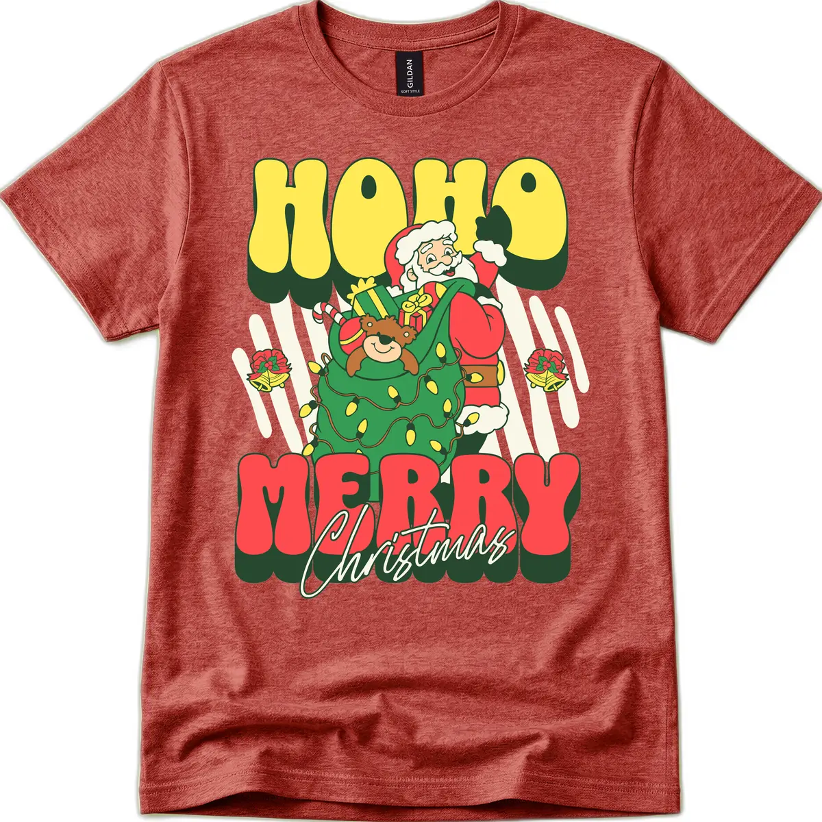 Ho Ho Merry Christmas Santa Claus T-Shirt in Heather Cardinal