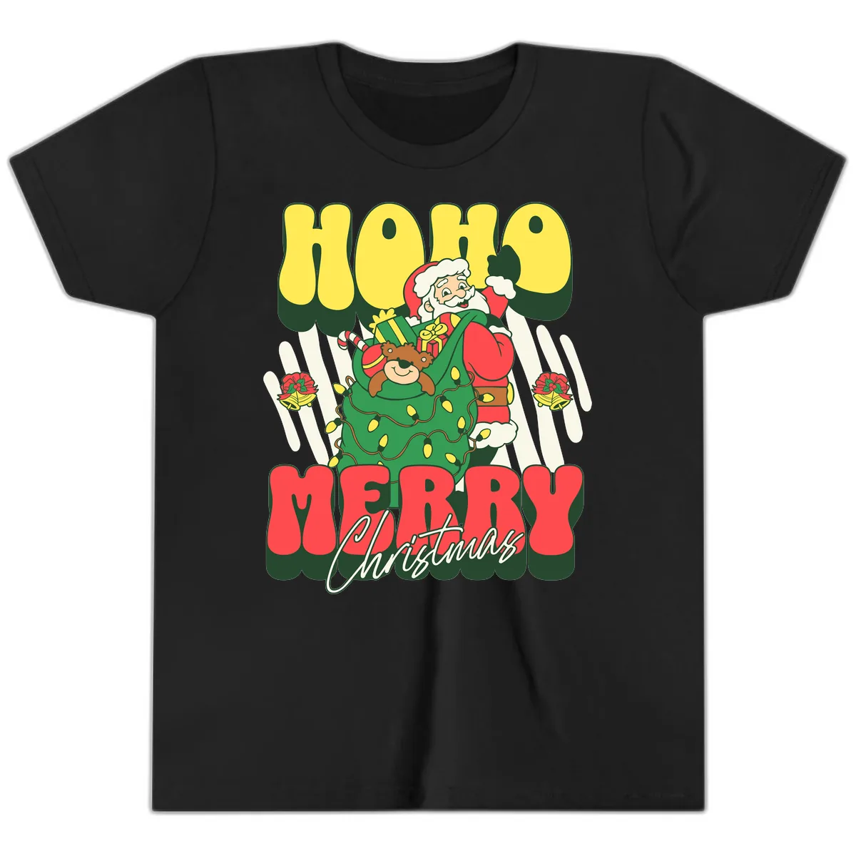Ho Ho Merry Christmas Santa Claus Youth T-Shirt in Black
