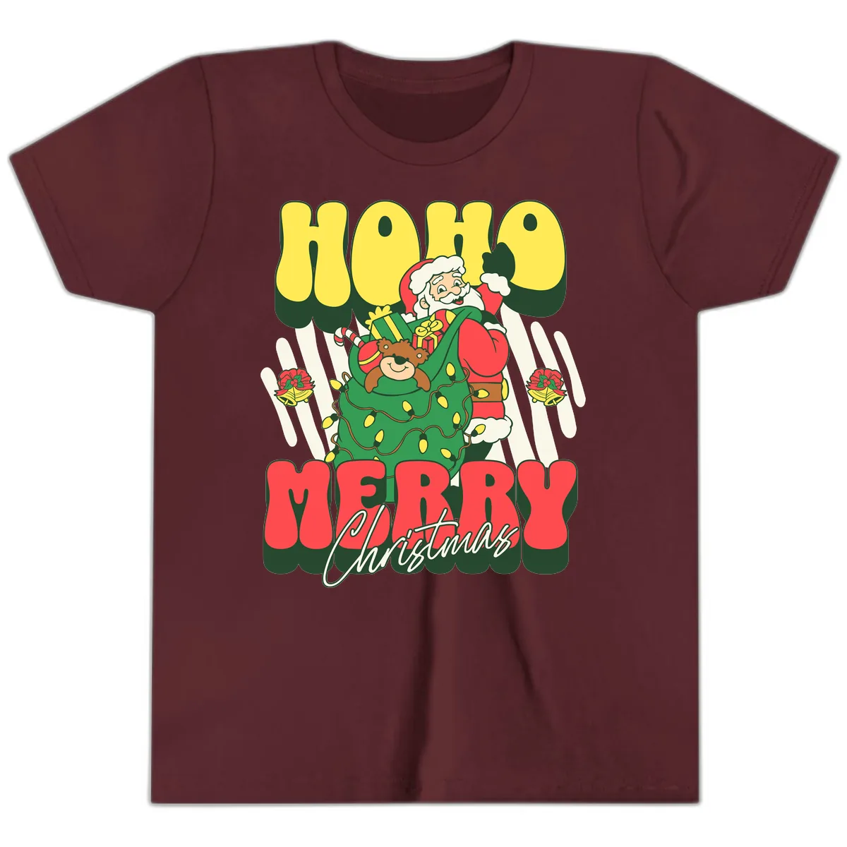 Ho Ho Merry Christmas Santa Claus Youth T-Shirt in Maroon