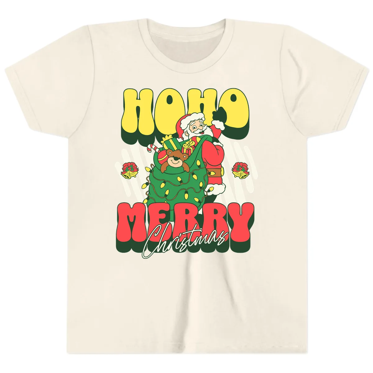 Ho Ho Merry Christmas Santa Claus Youth T-Shirt in Natural