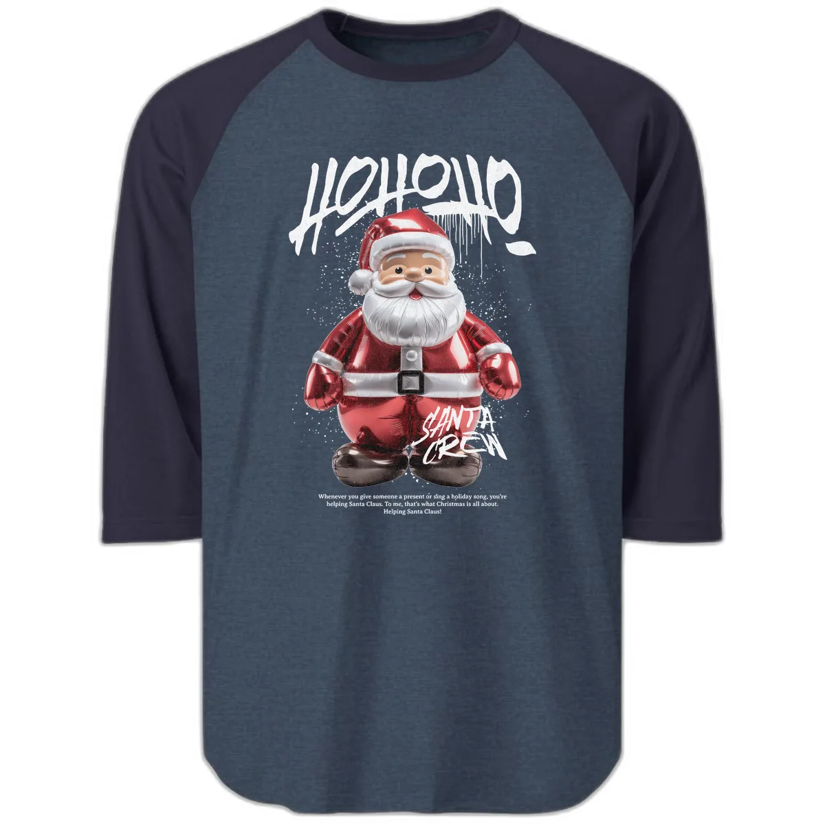 Hoholo Ho Ho Santa Crew Christmas Raglan 3/4 in Heather Denim Navy