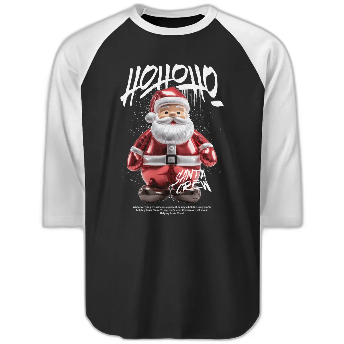 Hoholo Ho Ho Santa Crew Christmas Raglan 3/4 in Black White