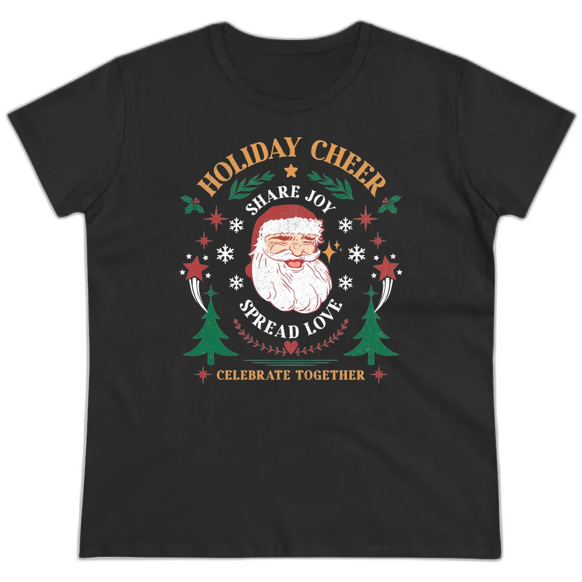 Holiday Cheer Santa Claus Celebration Ladies Tee in Black