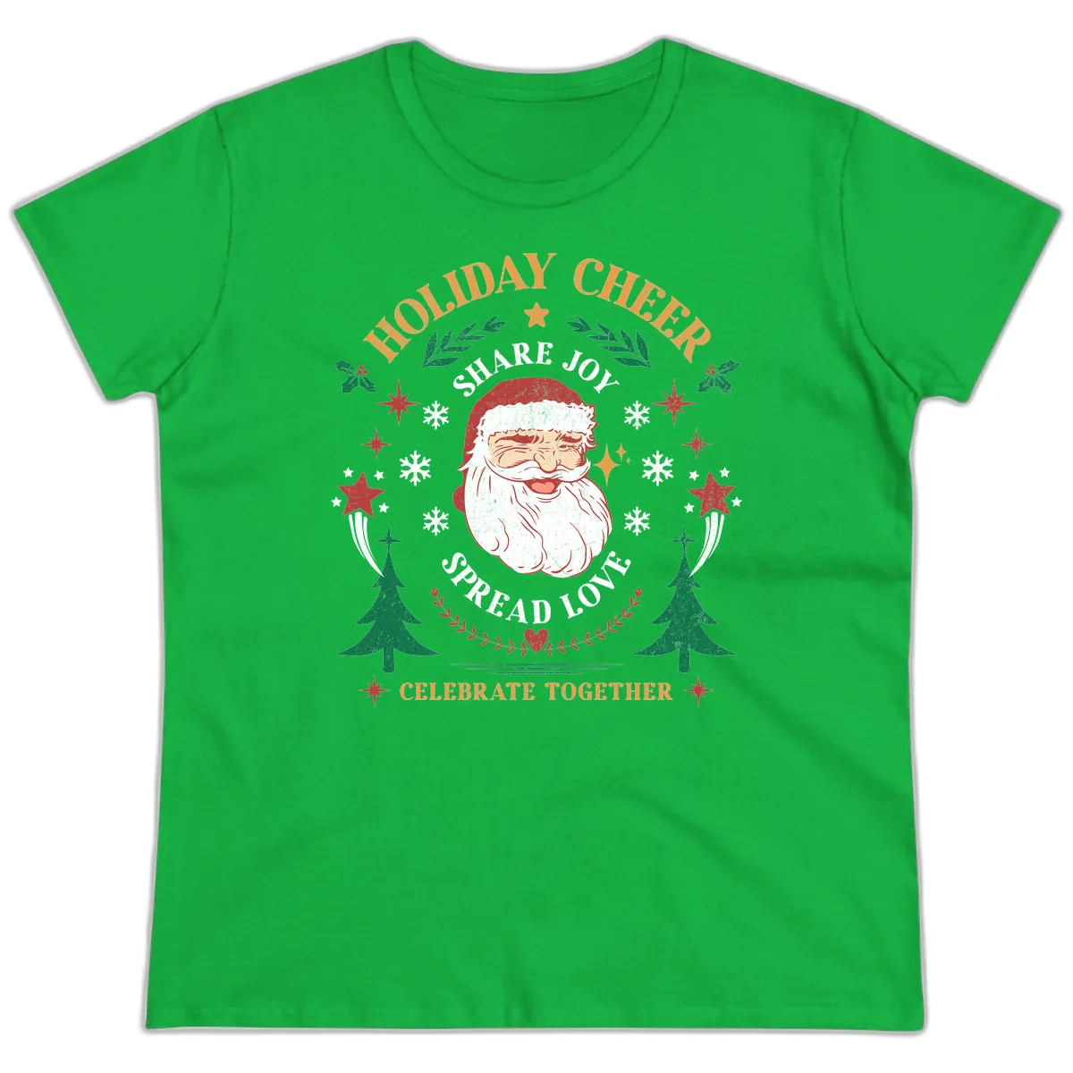 Holiday Cheer Santa Claus Celebration Ladies Tee in Irish Green