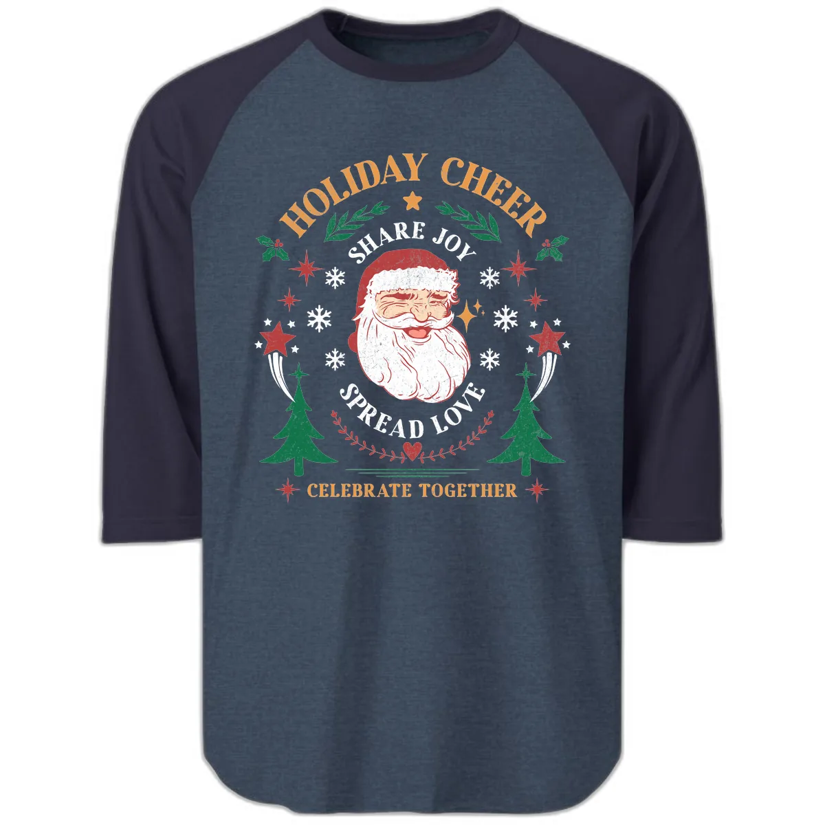 Holiday Cheer Santa Claus Celebration Raglan 3/4 in Heather Denim Navy