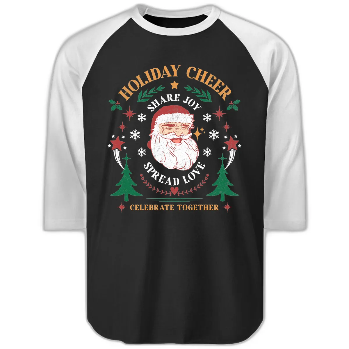 Holiday Cheer Santa Claus Celebration Raglan 3/4 in Black White