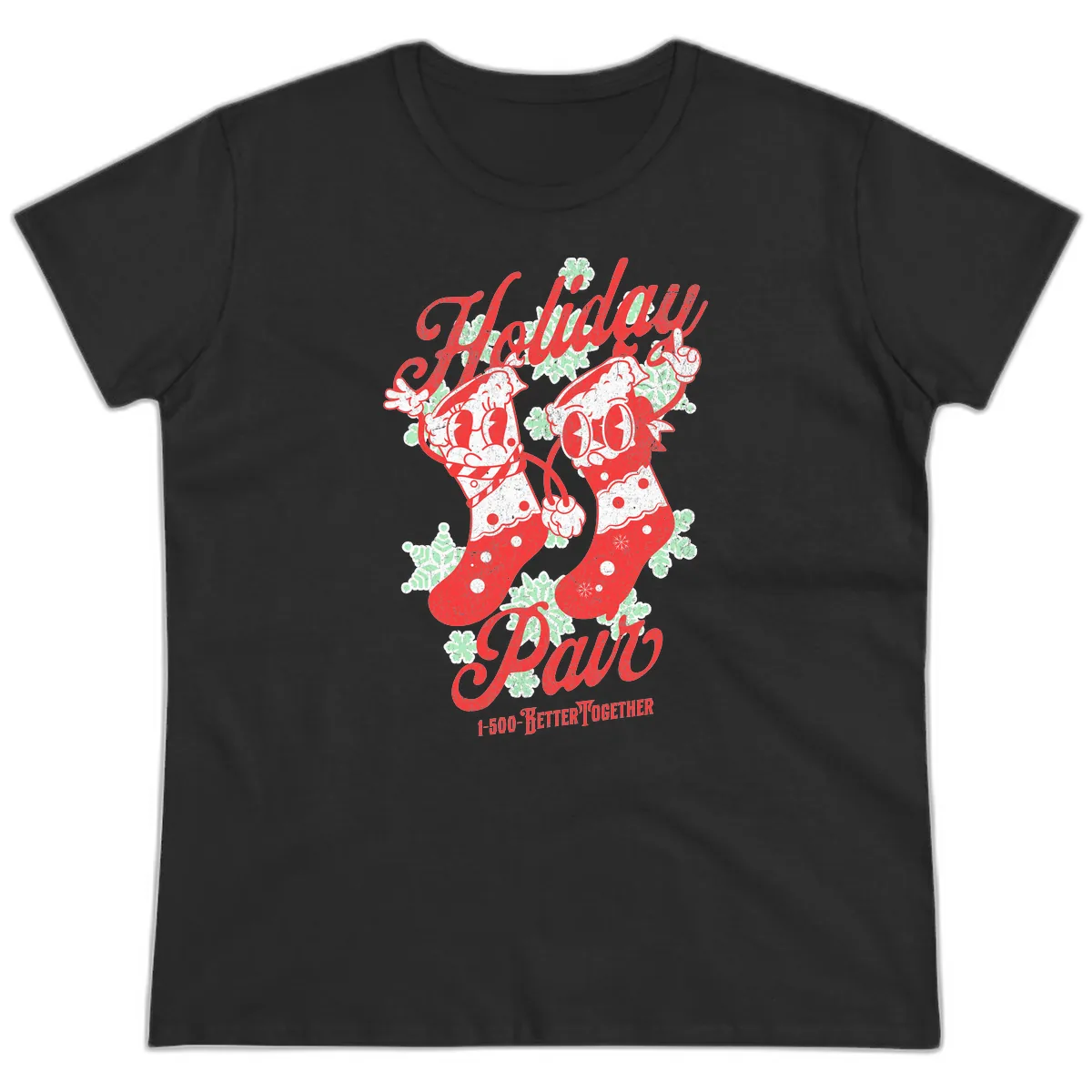 Holiday Pair Christmas Stockings Ladies Tee in Black