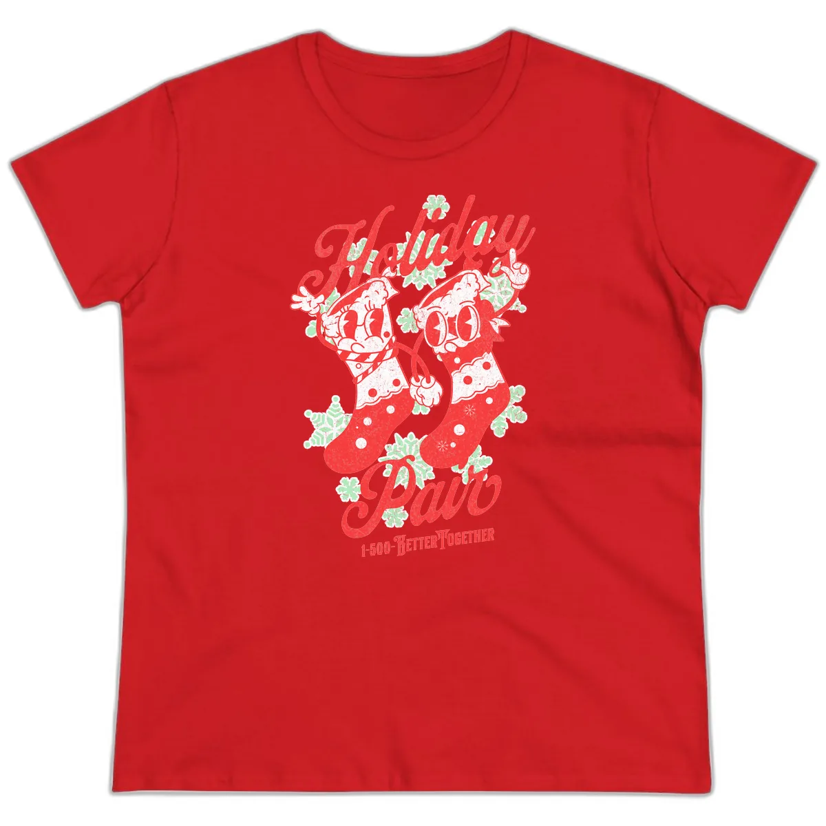 Holiday Pair Christmas Stockings Ladies Tee in Red
