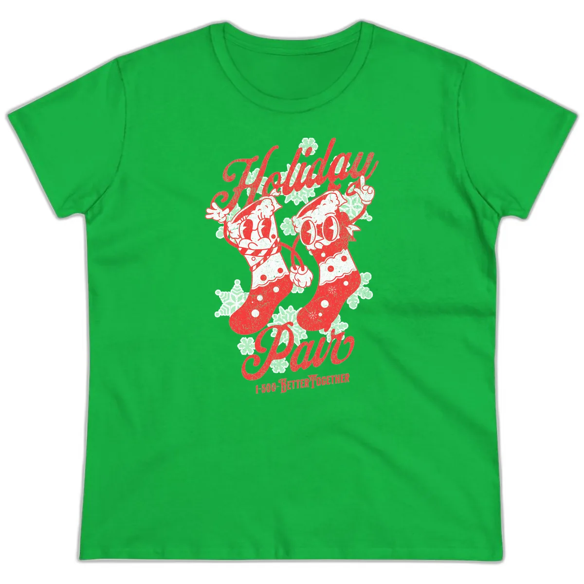 Holiday Pair Christmas Stockings Ladies Tee in Irish Green