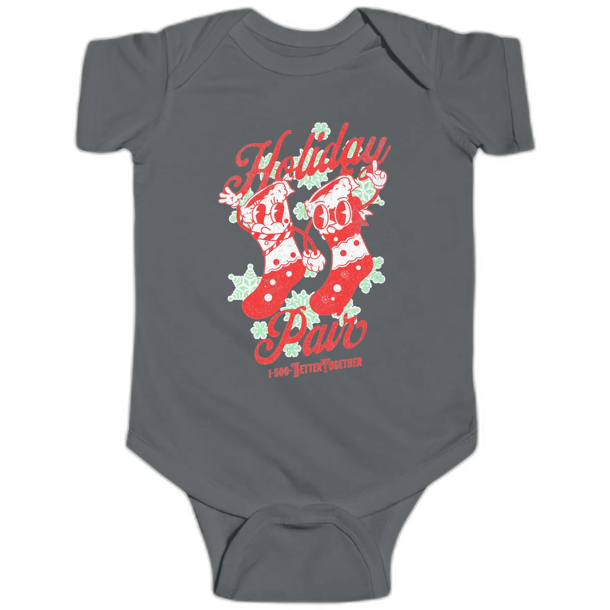 Holiday Pair Christmas Stockings Baby Onesie in Charcoal