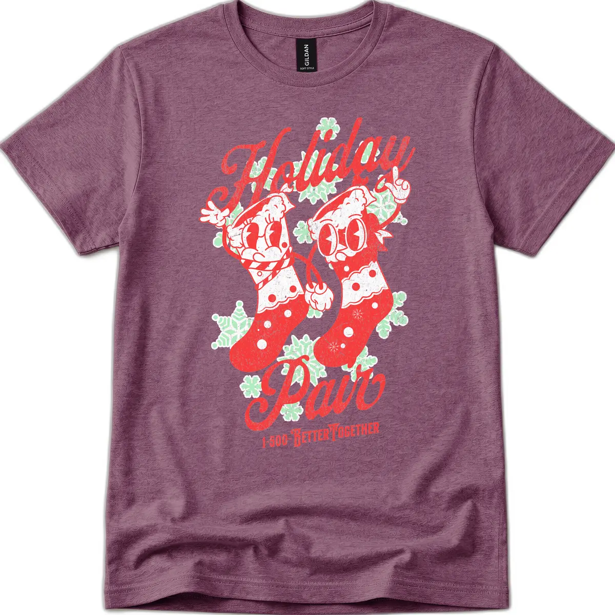 Holiday Pair Christmas Stockings T-Shirt in Heather Maroon