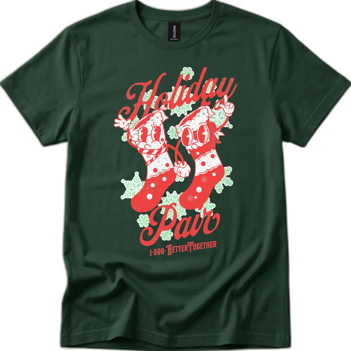 Holiday Pair Christmas Stockings T-Shirt in Forest Green