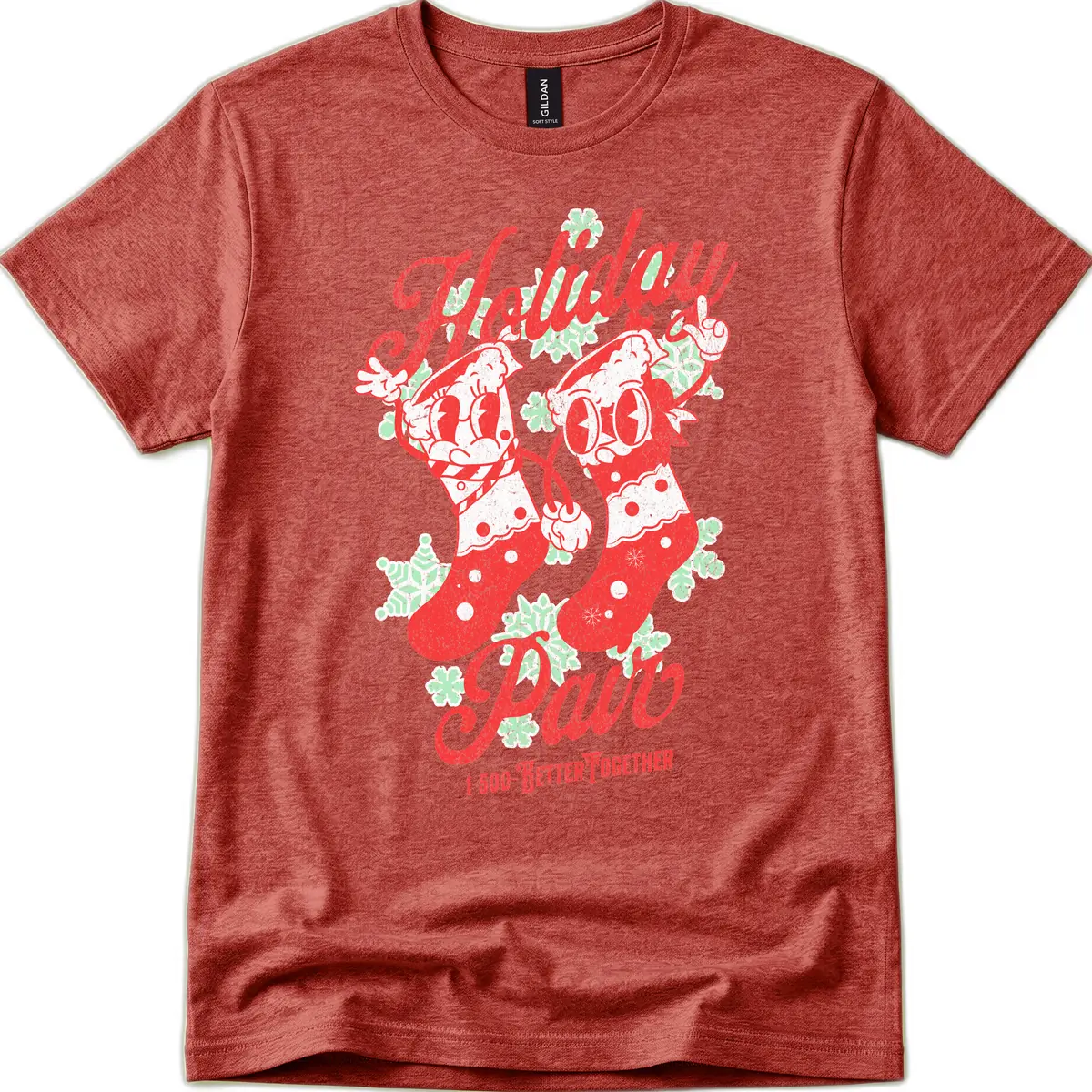 Holiday Pair Christmas Stockings T-Shirt in Heather Cardinal