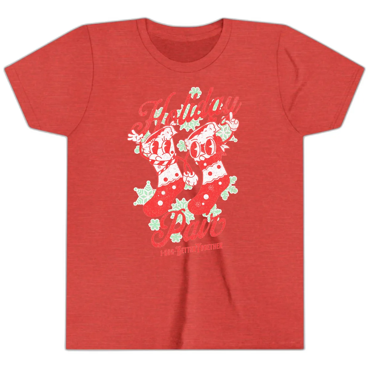 Holiday Pair Christmas Stockings Youth T-Shirt in Heather Red