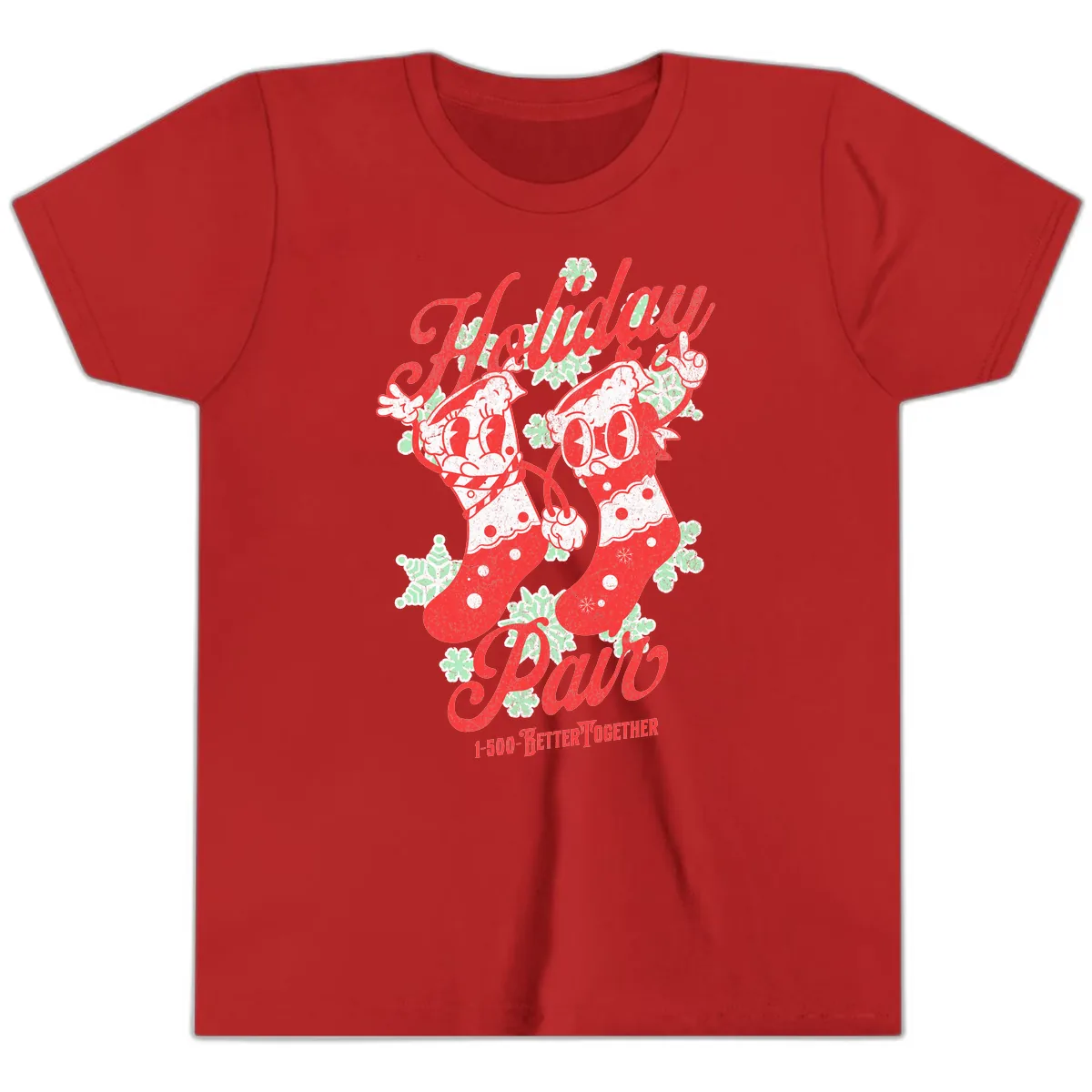 Holiday Pair Christmas Stockings Youth T-Shirt in Red